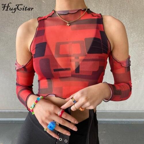 Hugcitar 2021 Long Sleeve Mesh Print Sexy Crop Top Summer Women Fashion Streetwear Y2K Tshirts Club Tees