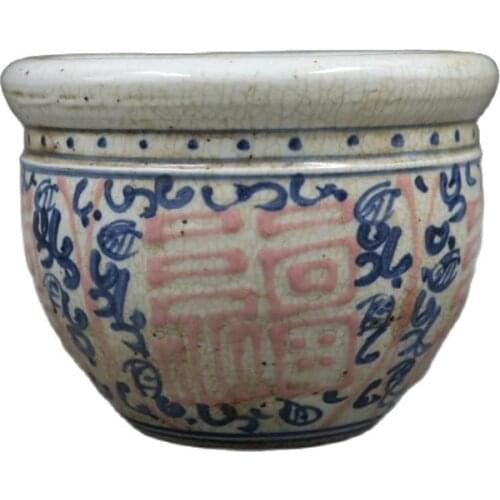 China Old Old Porcelain Blue and White Glazed Red Fu zi Arhat Cylinder Flowerpot