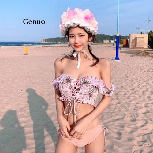Korean Women Bikini Set 2 Pieces Swimsuit Solid Off Shoulder Ruffled High Waist Sexy Swimwear Backless Bathing Beach Suit