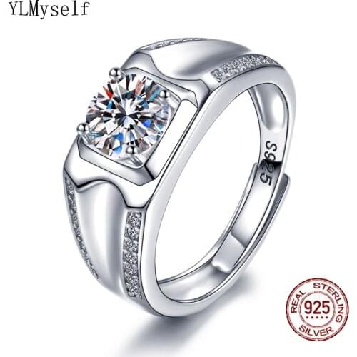 Man Real 925 Silver with 1 Carat(6.5mm) Moissanite Stone Ring Free Adjustable Size Classic Fine Jewelry For Men