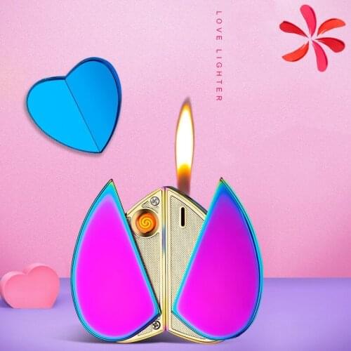 New Creative Cute Heart-Shaped Butane Flame Lighter, Rotatable Dual Gas And USB Electronic Love Lighter Christams Lighter Gift