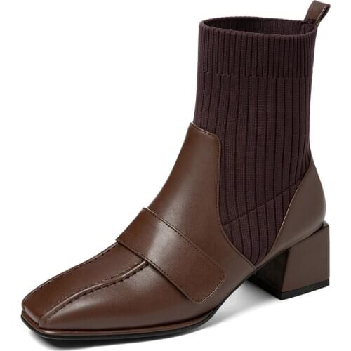 2020 Winter New Square Toe PU Stitching Knitted Wool Short Boots Thick Heel Stitching And Ankle Boots Fashion Socks Shoes