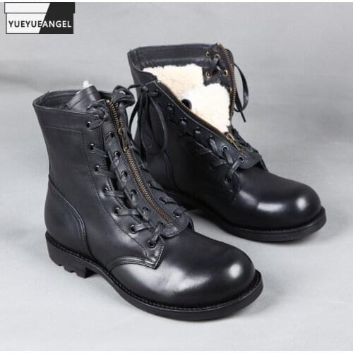 New 2021 Winter Warm Wool Liner Genuine Leather Work Boots Men Windproof Motorcycle High Top Shoes Male Front Zipper Punk Boots