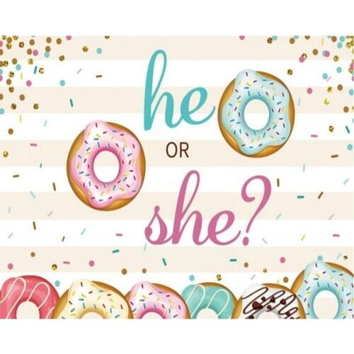He or She Gender Reveal Party Cartoon Donut Photography Backdrop Baby Shower Natural Room Decor Photo Booth Studio Prop