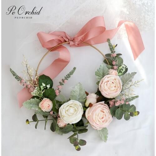 PEORCHID Pink Rose Wedding Bouquet Gold Iron Metal Ring Portable Garland Bridal Artificial Flowers Wreath Home Decoration