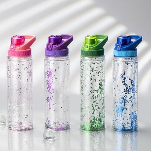 Plastic water cup double-layer glitter sequined direct drinking cup Fashionable and beautiful simple sealed plastic space cup