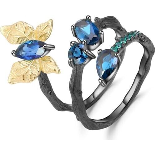 Natural Topaz Ring Blue Jewelry 925 sterling silver lady butterfly shape