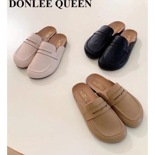 Brand Women Slippers Fashion Close Toe Mule Shoes Round Toe Slip On Loafers Flat Heels Casual Slides Flip Flops Zapatillas Mujer