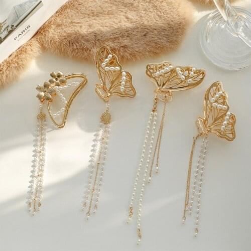 Vintage Butterfly Long Pendant Hair Claw Clip Women Girls Pearl Tassel Metal Hairpin Clamps Party Elegant Headwear Accessories