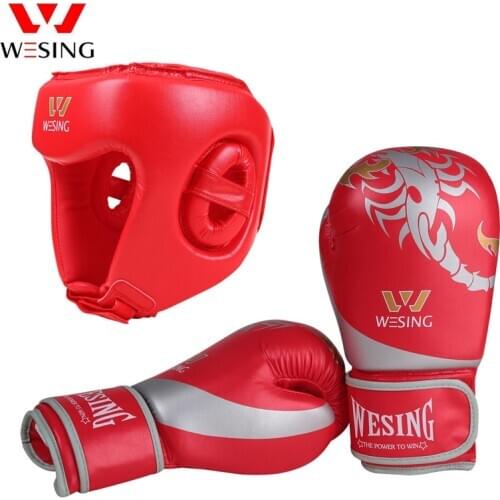 Wesing 10OZ Muay Thai Boxing Gloves with Helmet Kickboxing MMA Training Headguard Protection Wushu Equipment