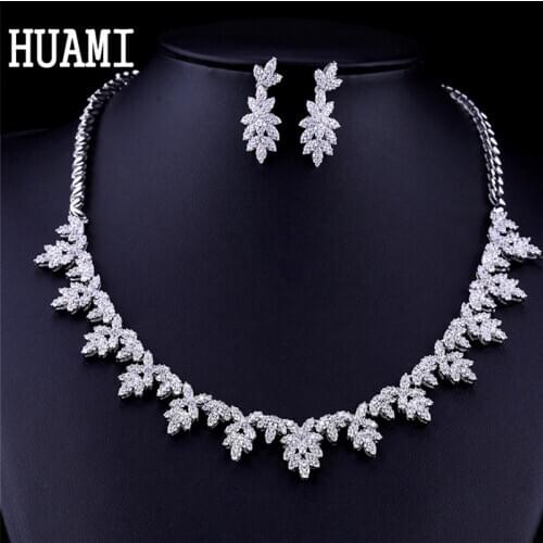 HUAMI Jewelry for Women Necklace Earrings Sets Bridal Wedding Silver Color Cubic Zirconia Collares Para Mujer Oorbellen Lady