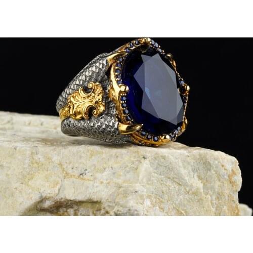 925 Sterling Silver Gold Plated Custom Jewelry High-quality Zircon Red, Blue stone ring in a luxurious way for men with gift