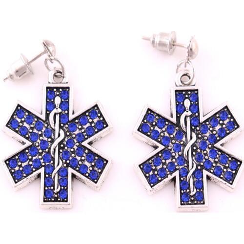 Female Earrings Beautiful Blue And Medcial Sign Brincos Para As Mulheres Crystals Material Zinc Alloy Provide Dropshipping
