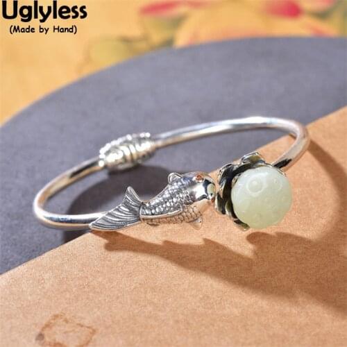 Uglyless Handmade Fish Carp Open Bangles for Women Hetian Jade Lotus Bangles Vintage Thai Silver 925 Silver Ethnic Retro Jewelry