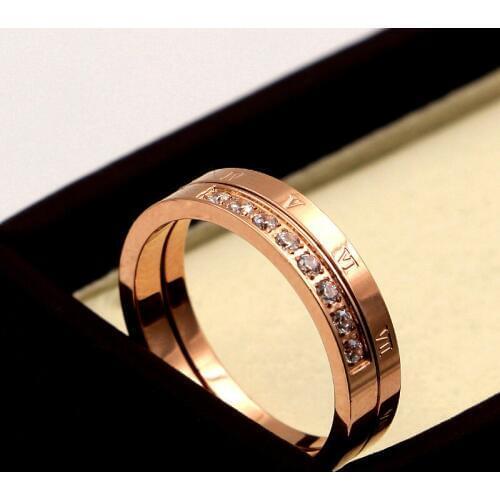 Free Shipping Women Fashion Two In One Roman Numerals Eight Rhinestone CZ Rose Gold Colour Stainless Steel Ring