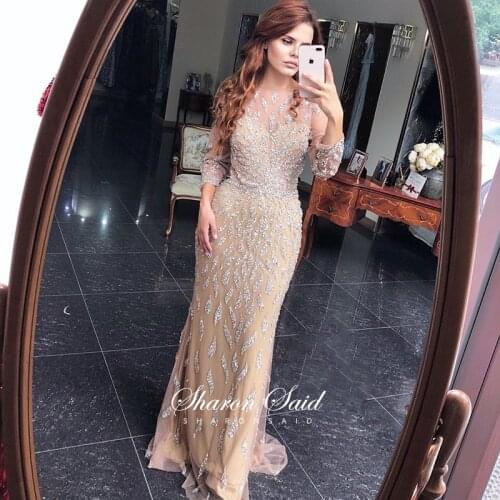 Luxury Champagne Mermaid Dubai Evening Dress Long Sleeves Silver Beaded Arabic Formal Prom Dresses for Women Wedding Party Gowns