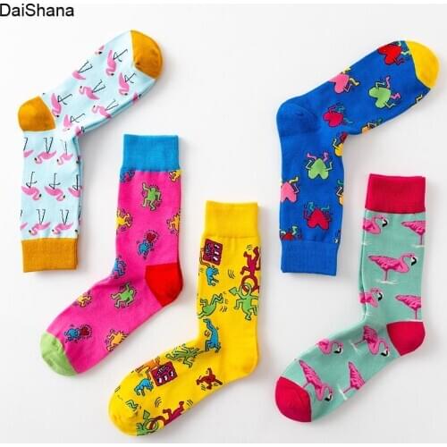 1 Pair New Fashion Harajuku Cotton Cartoon Animals Casual Socks Loving Heart Flamingo Women Cute Funny Happy Skateboard Socks