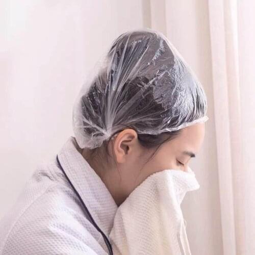 100pcs Bathroom Disposable Strip Transparent PE Plastic Shower Cap Hotel Room Bath Hair Protective Caps Shower Bag