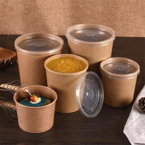 50pcs Large Capacity Disposable Kraft Paper Bowl With Paper Lid Takeaway Food Packing Paper Cup Bucket Lunch Box Party Supplies