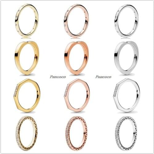 Authentic 925 Sterling Silver Rose Golden Signature Hearts Rings For Women Wedding Party Europe Pandora Jewelry