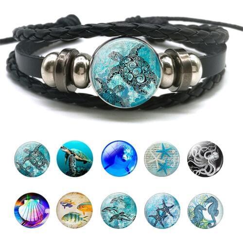 Sea Turtle Bracelet Sea Turtle Octopus Dolphin Starfish Glass Beads Button Bracelet Anklet Punk Style Men Women Fashion