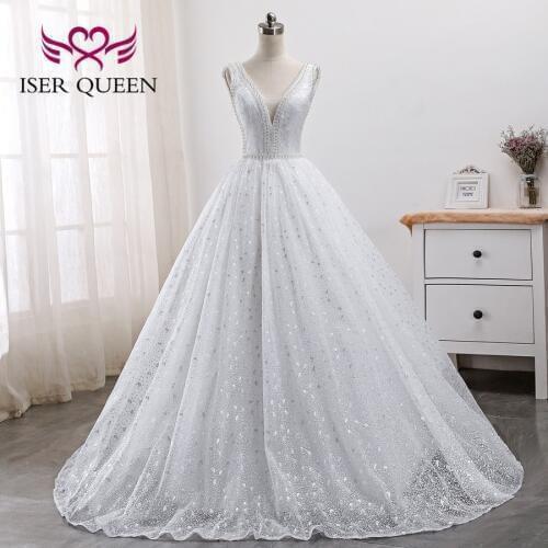 V neck Pretty Bright Quality Lace Ball Gown bride Dress Sleeveless Pearls Beads Arab Dubai Wedding Dress WX0005