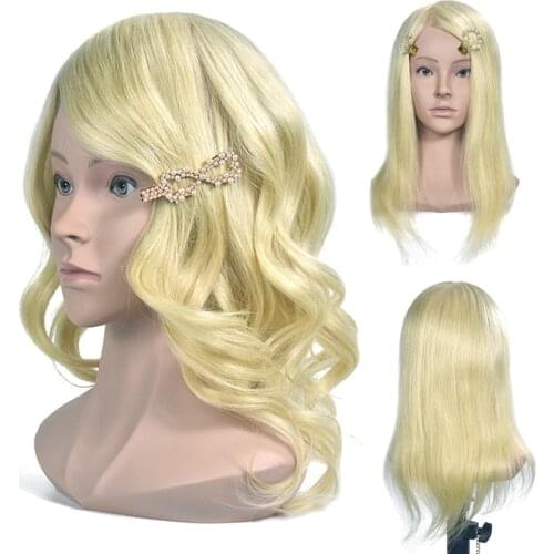 Mannequin Head Blonde 100% Real Human Hair Hairdresser Training Head Manikin Cosmetology Doll Head (Table Clamp Stand Included)
