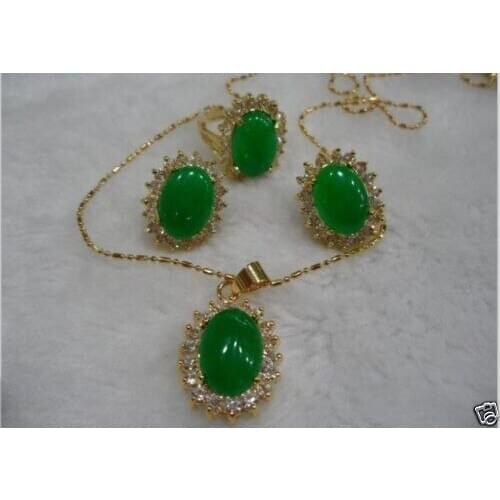 Hot sell new - Jewelry Fashion jewelry beautiful green stone necklace pendant earring ring 7-9 # Set (A0511)