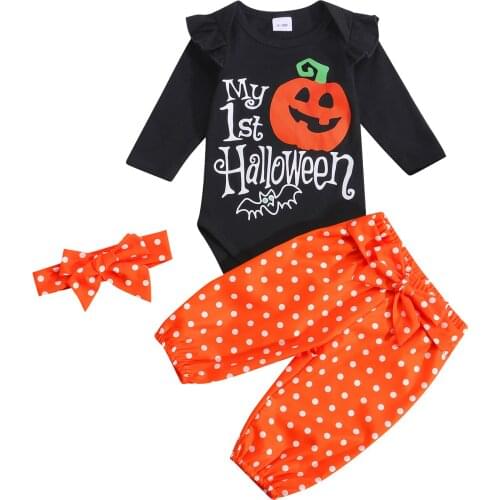 Toddler Letters Ruffled Rompers Bodysuit Dots Pants Headband for 3Pcs Baby Girls Clothing 0-18 Months