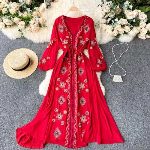 Summer Womens Dress Chinese Style Embroidery V-Neck Lantern Sleeve Dress New Waist Long-sleeved Big Swing Female Dresses LH034