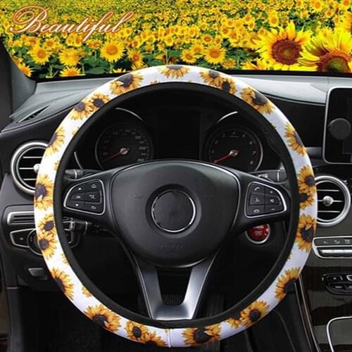 Fashion Sunflower Cactus Rainbow Leopard Car Steering Wheel Cover Four Seasons Universal 38cm Elastic Steering Wheel Case Decor