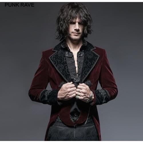 PUNK RAVE Gothic Vampire Red Mens Gentle Tail Jacket with Scissors Punk Rock Party Cospaly Men Long Coat Clothes Windbreaker