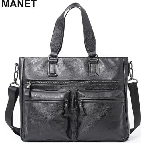 MANET Mens Briefcases Leather Business Shoulder Bag Large Capacity Computer Bag Vintage Handbag Casual Designer Messenger Bags