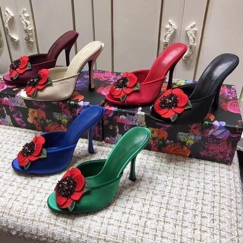 New Arrival Woman Slipper Flower Decor Women Shoes Peep Toe Sandalias Mujer High Thin Heel Stiletto Leather Sapato Feminino