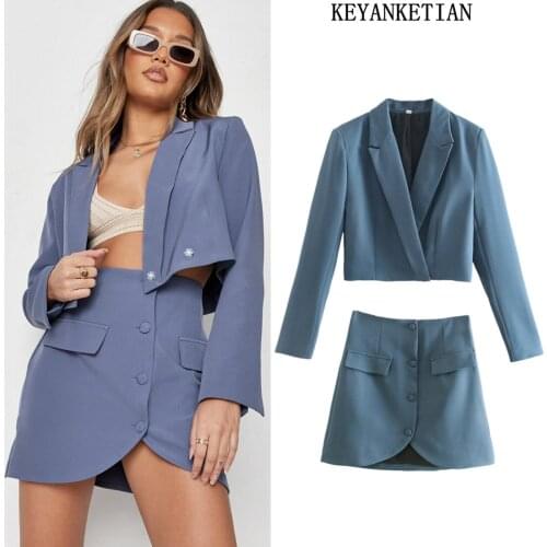 KEYANKETIAN Office Womens Suit Long Sleeve High Waist Short Sexy Blazer Single-breasted Front Slit Asymmetrical Mini Skirt