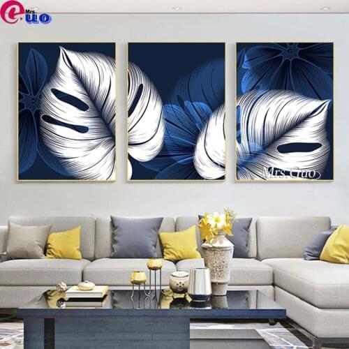 Full Square/Round Diamond Embroidery DIY Diamond Painting Cross Stitch Drill Abstract Blue White Plant Leaf Triptych Picture