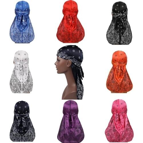 Premium Men Silk Durag Paisley Design Printing Silky Durags Long Straps Headwear Head Scarf Wave Cap Headwrap Durags