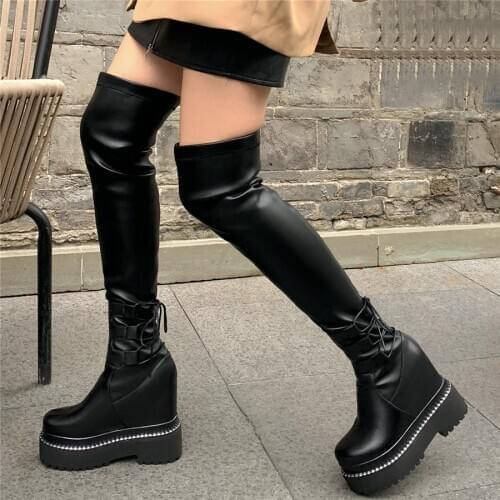 Thigh High Fashion Sneakers Women Genuine Leather Wedges High Heel Over The Knee High Boots Female Slim Leg Platform Pumps Shoes