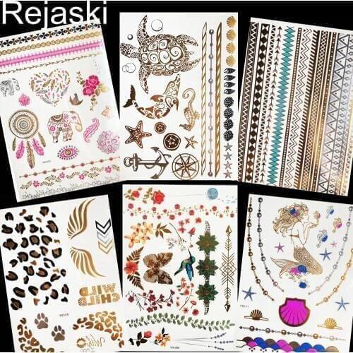 Waterproof Henna Flower Tattoo Stickers Gold Metallic Girls Arm Hamsa Hand Temporary Tattoo Women Wrist Flash Tatoos Lace Chains