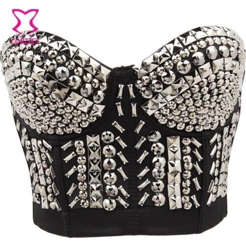 Silver Gems&Beading Punk Rock Gothic Bralette Bustier Crop Top Soutien Gorge Bras For Women Push Up Bra Sexy Clubwear Dance Wear