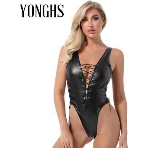 Womens Erotic Sexy Teddies Bodysuit Plunging Neckline Lace-up Leather Clubwear Hollow Out Sleeveless High Cut Leotard Catsuit