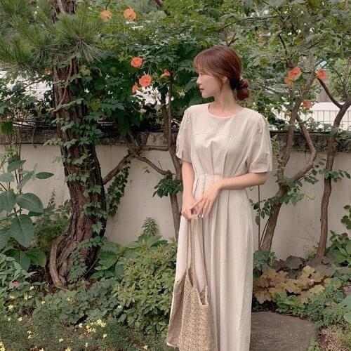 O-Neck Summer Party Dress Women Short Sleeve Casual Elegant Long Midi Dress High Waist Korean Solid Backless Cotton Linen Simple