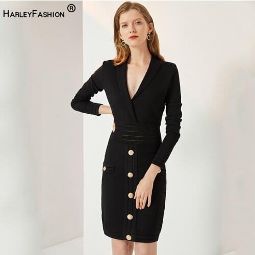 HarleyFashion Autumn Unique Design Women Knit Sheath Dresses Notched Collar Hole Waist High Street Slim Stretchy Dress
