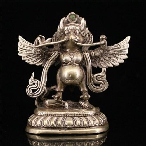 4.92" Tibetan Buddhism Copper silvering inlay gem Handmade Suparna Buddha statue