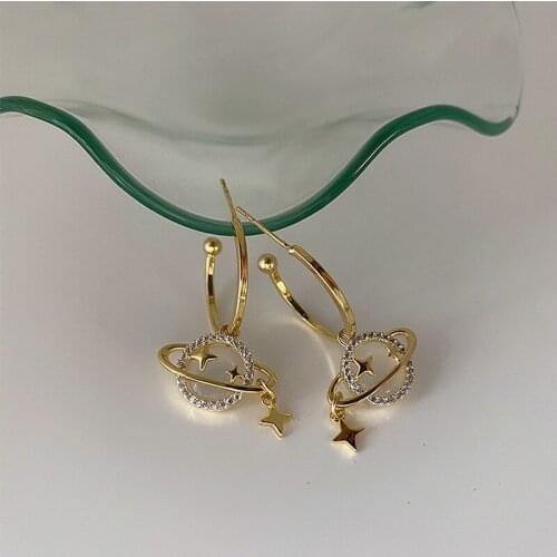 ALLNEWME Fantisy Sparkly CZ Zircon Hollow Round Pendant Earrings for Women Ladies Gold Color Alloy Star Earrings Accessories