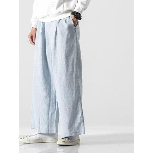 2021 Men Spring Autumn Men Vintage Striped Pants Men Cotton Linen Straight Pants Male Casual Loose Stripe Wide Leg Trousers