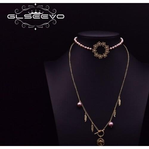 GLSEEVO Natural Pearls Long Necklace For Women Girls Party 2 Layer Dragonfly Pendant Necklace Leaf Ethnic Jewelry Choker GN0199