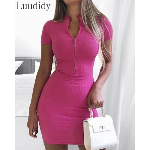 Women Solid Color Zipper Design Short Sleeve Bodycon Dress