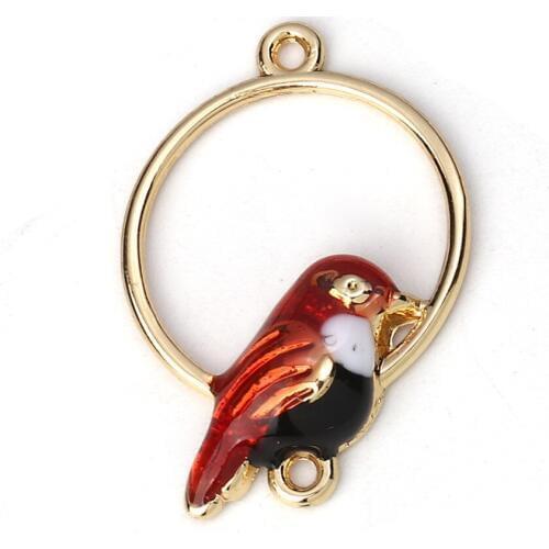 DoreenBeads Zinc Based Alloy Connectors Round Gold Red Colorful Bird Enamel Jewelry DIY Findings 26mm(1") x 18mm( 6/8"), 10 PCs