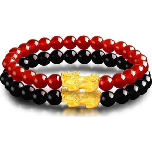 Feng Shui 6mm Agates Beads Bracelet Golden Color Pixiu Unicorn Charm Women Lucky Wealth Bracelet for Couple Gift Trendy Jewelry